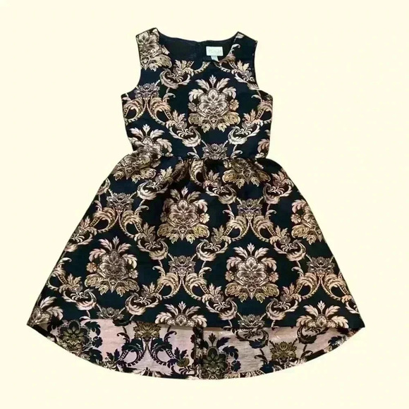 The Children's Place Dress Size 14 Black Gold Fit & Flare Asymmetrical Hem Party - Picture 4 of 10